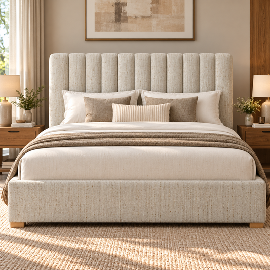 The Varenna Beige Linen Modern Upholstered Bed