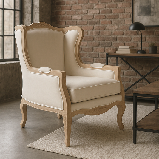 Verona Linen white wooden Wing chair