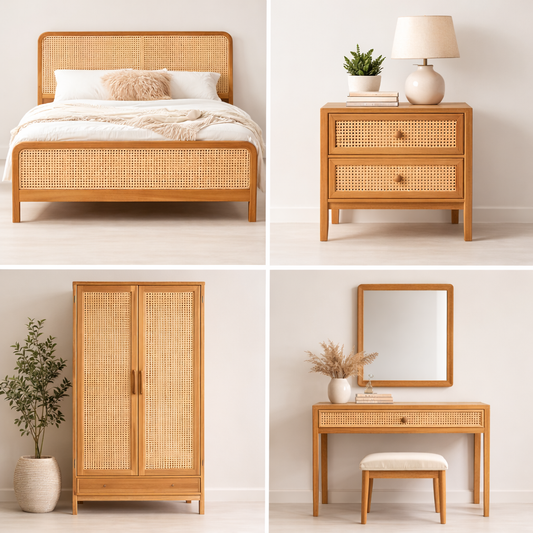 Natural Cane Bedroom Set – Bed, Side Table, Wardrobe & Dressing Table