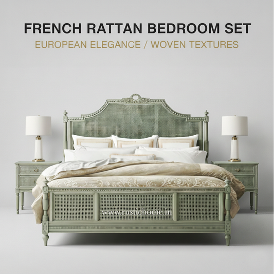 Vintage French Carved Rattan Bed