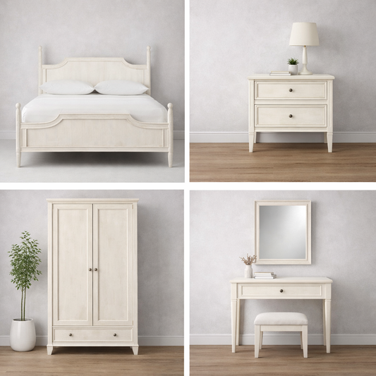 Elegant sculpted Bed– Bed, Side Table, Wardrobe & Dressing Table