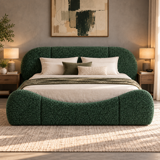 The Astoria Green Boucle Modern Luxury Upholstered Bed