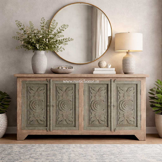 Rustic bloom Carved Storage Cabinet