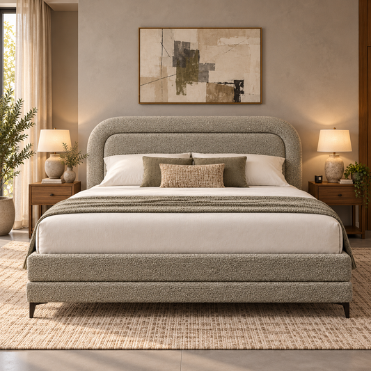 The Windsor Gray Boucle Modern Luxury Upholstered Bed