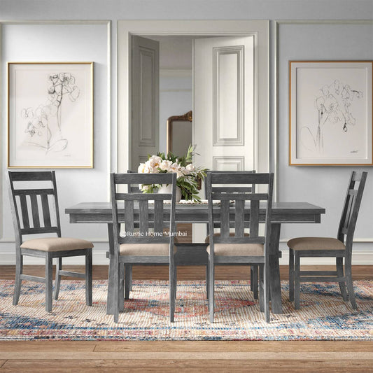 Distressed Cross Legs 6 Seater Dining Table Set