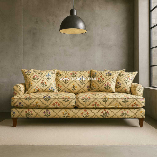 Tulip Bloom Linen Beige Multi Floral Printed Comfy sofa