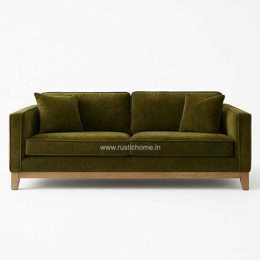 Classic Square Arm Velvet Olive Green Fabric Three seater Sofa