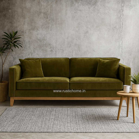 Classic Square Arm Velvet Olive Green Fabric Three seater Sofa