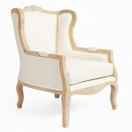 Verona Linen  white wooden Wing chair