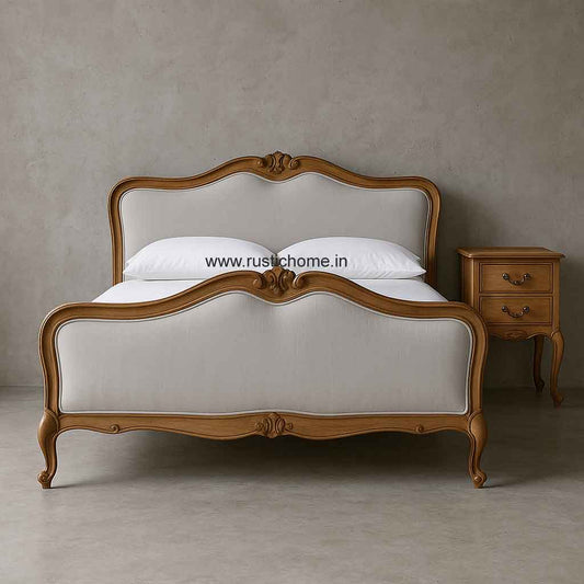 French Upholstred wooden Bed With Side Table