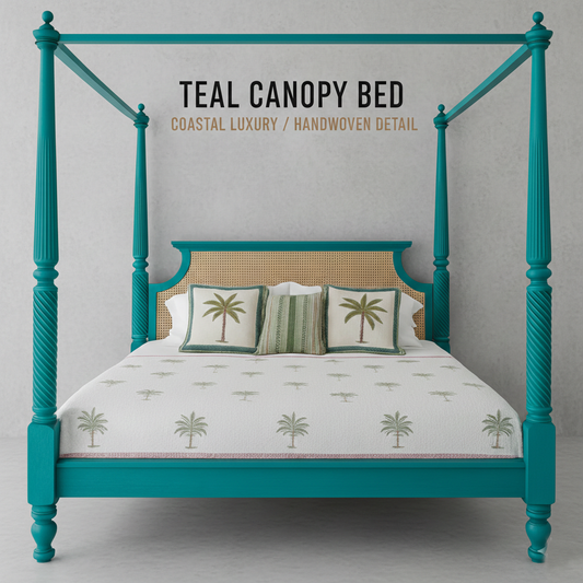 Teal Canopy Rattan Poster Bed