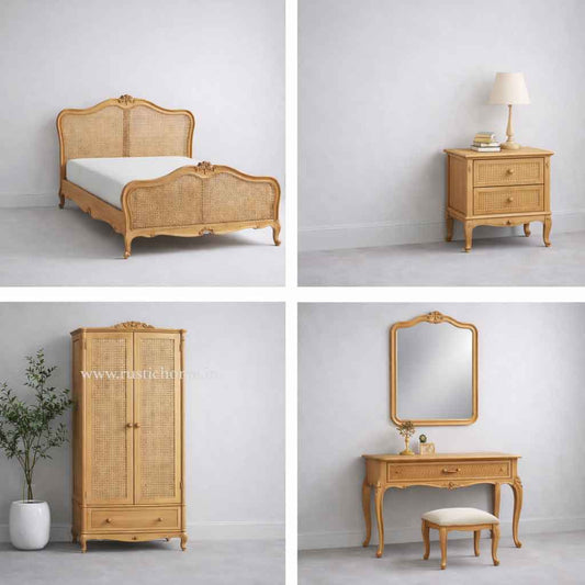 Woven French Rattan Wooden Bedroom Set