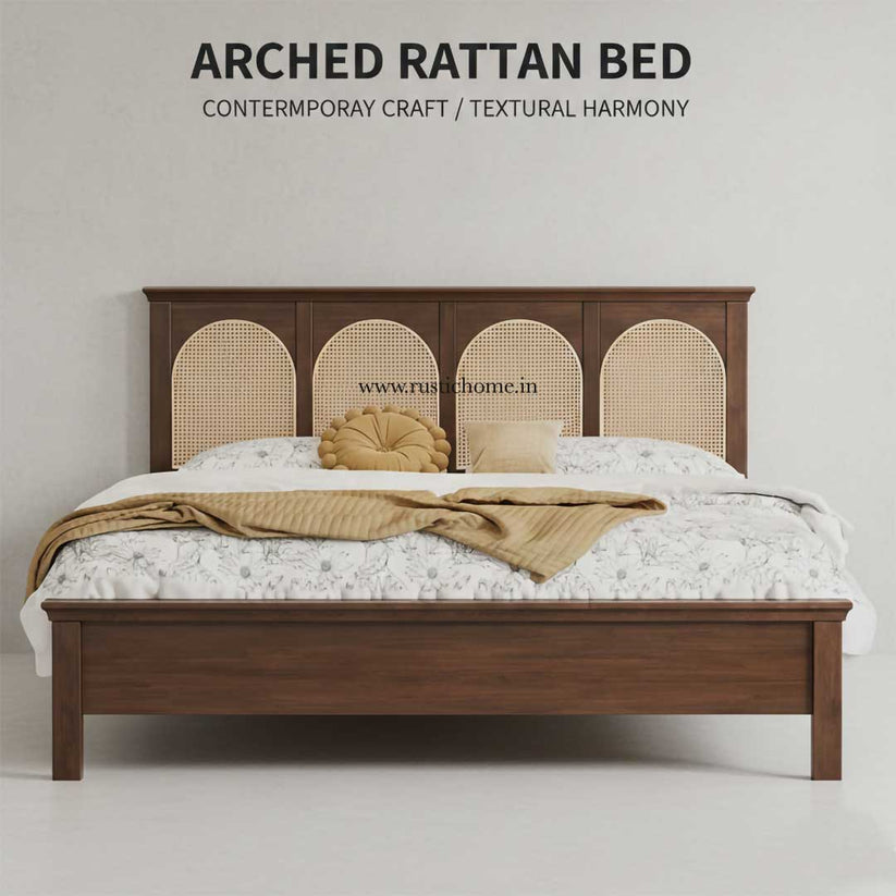 Arched Wooden Rattan Bed – Rustic Home